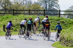 Group of riding bicycles on road in countryside