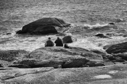 Two men sitting by the sea