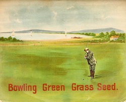 Vintage advert for bowling green grass seed with man playing golf