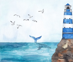 Lighthouse on a cliff by the ocean and seagulls in the sky and a whale tail in the sea