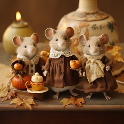 Three brown tan mice handmade figurines on a table as Thanksgiving Decorations