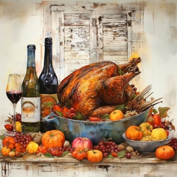 Rich watercolor digital art painting of a roasted turkey on a table with pumpkins, gourds, other foodstuff, and wine