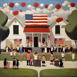 Quaint cartoon illustration of patriotic townspeople