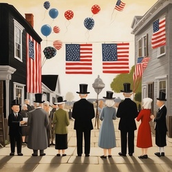 Quaint cartoon illustration of patriotic townspeople