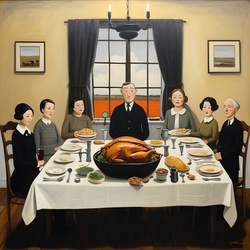 Vintage illustration of a family sitting around thanksgiving dinner table