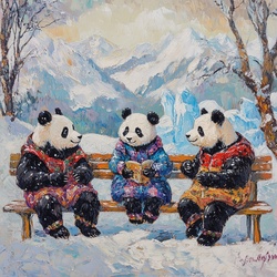 Snowy Winter illustration of three panda bear friends on a park bench