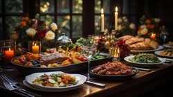 Thanksgiving dinner table full of food