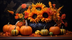 Thanksgiving pumpkins and sunflowers on the table