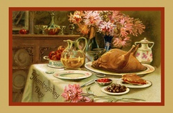 Vintage thanksgiving day card with roast turkey meal on table