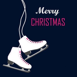 Retro, vintage style ice skates in white with typography, merry christmas on dark blue background
