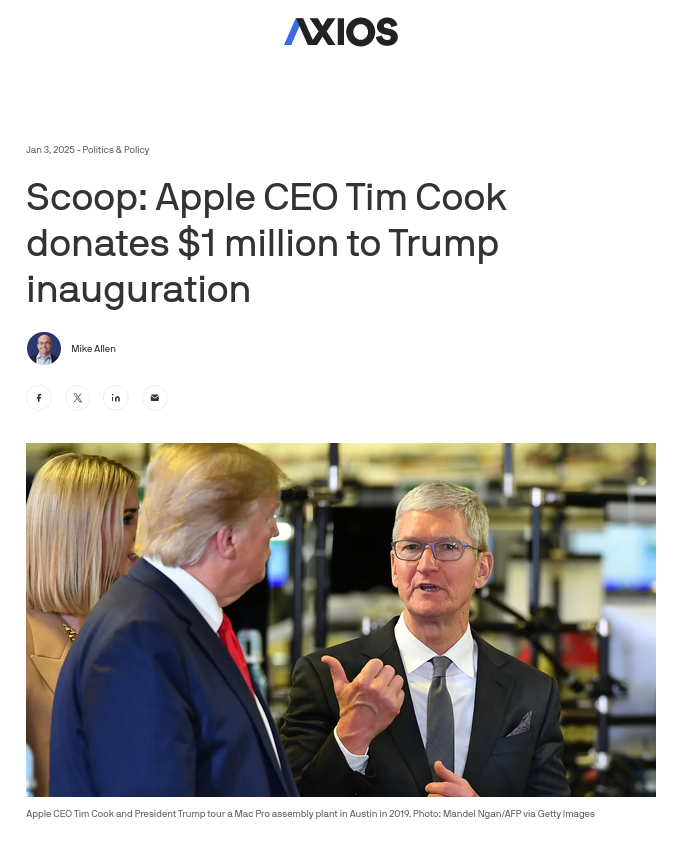 Scoop: Apple CEO Tim Cook donates $1 million to Trump inauguration
