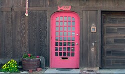 Interesting Pink front door of a home in a beach community constructed in dark woods