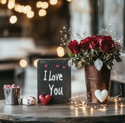 Table covered in candy and flowers decoration for Valentines