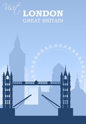 Modern travel Poster for London, England in blue tones with city skyline and landmarks backdrop