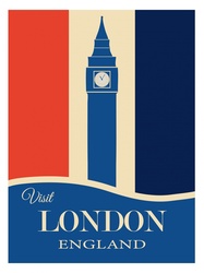 Retro, vintage style yet modern and fresh travel poster for London, England with the big ben clock and union jack flag background