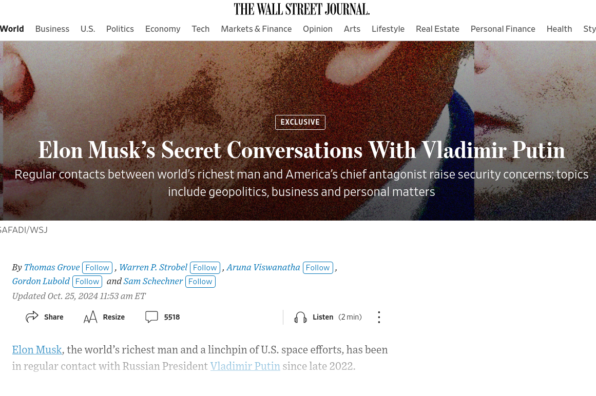 Elon Musk’s Secret Conversations With Vladimir Putin