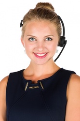 Young woman with a headset isolated on white background