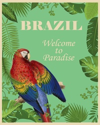 Modern travel poster in vintage style for Brazil with parrot in the jungle and exotic tropical leaves