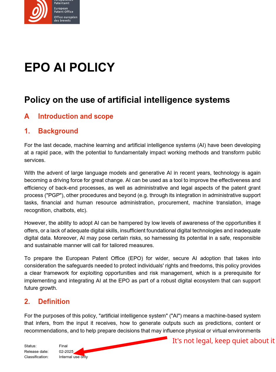 EPO AI POLICY: It's not legal, keep quiet about it