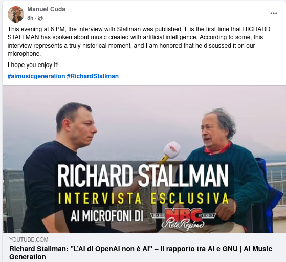 This evening at 6 PM, the interview with Stallman was published. It is the first time that RICHARD STALLMAN has spoken about music created with artificial intelligence. According to some, this interview represents a truly historical moment, and I am honored that he discussed it on our microphone.