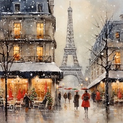 People with umbrellas walk the streets of Paris during snow