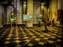 Exhibition of paintings in a historic building