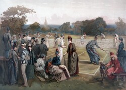 Public domain vintage painting of a game of lawn tennis