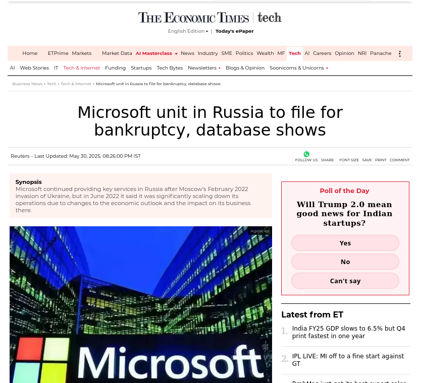 Microsoft unit in Russia to file for bankruptcy, database shows