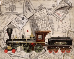 Illustration old railroad locomotive train steam train art collage on parchment paper