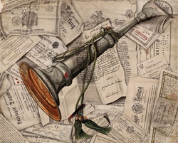 Illustration vintage trumpet fanfare art collage on parchment paper