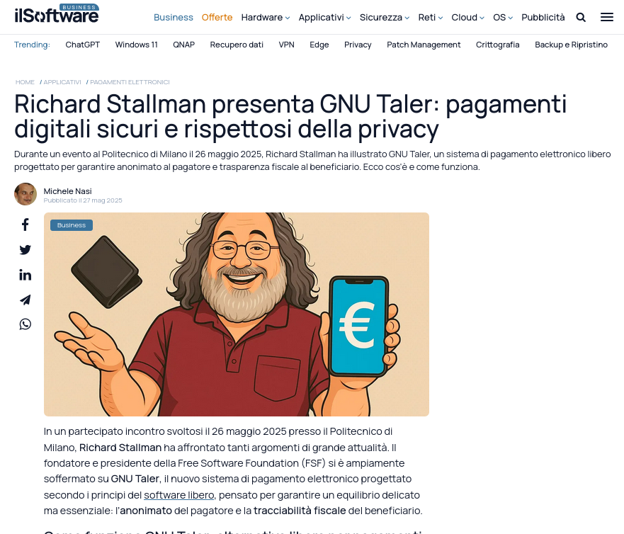 Richard Stallman presenta GNU Taler: pagamenti digitali sicuri e rispettosi della privacy