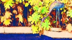 Artistic rendering of an egret sculpture dipping into pond water