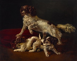 Vintage antique art painting of a spaniel puppy dogs playing while mother watches poster, print, card, wall art, by artist Siegwald Dahl