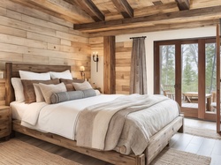 A light wooden bedroom setting. Luxury king bed with a luxury pillows.