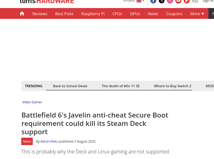 Battlefield 6's Javelin anti-cheat Secure Boot requirement could kill its Steam Deck support