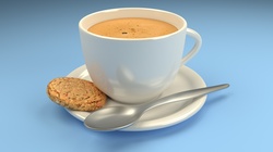 A high resolution 3d rendered image of cup of coffee and a biscuit.