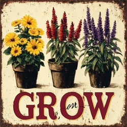 A rustic-style sign with the word GROW prominently displayed above three pots of flowers