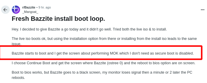 Fresh Bazzite install boot loop.