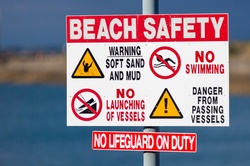 Beach safety sign with many warnings