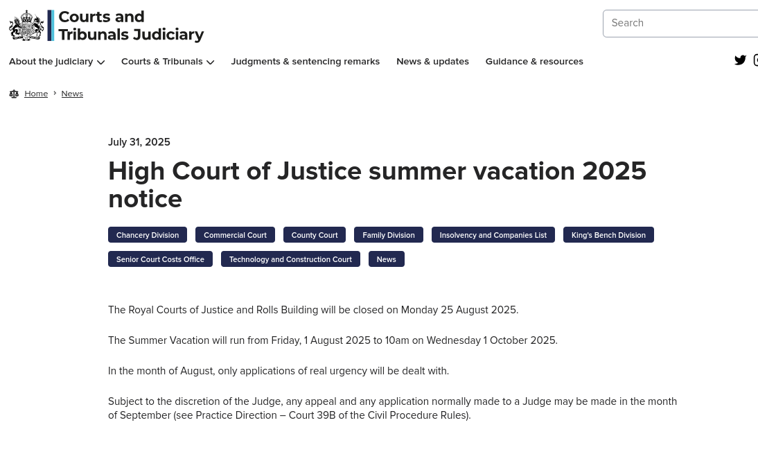 High Court of Justice summer vacation 2025 notice