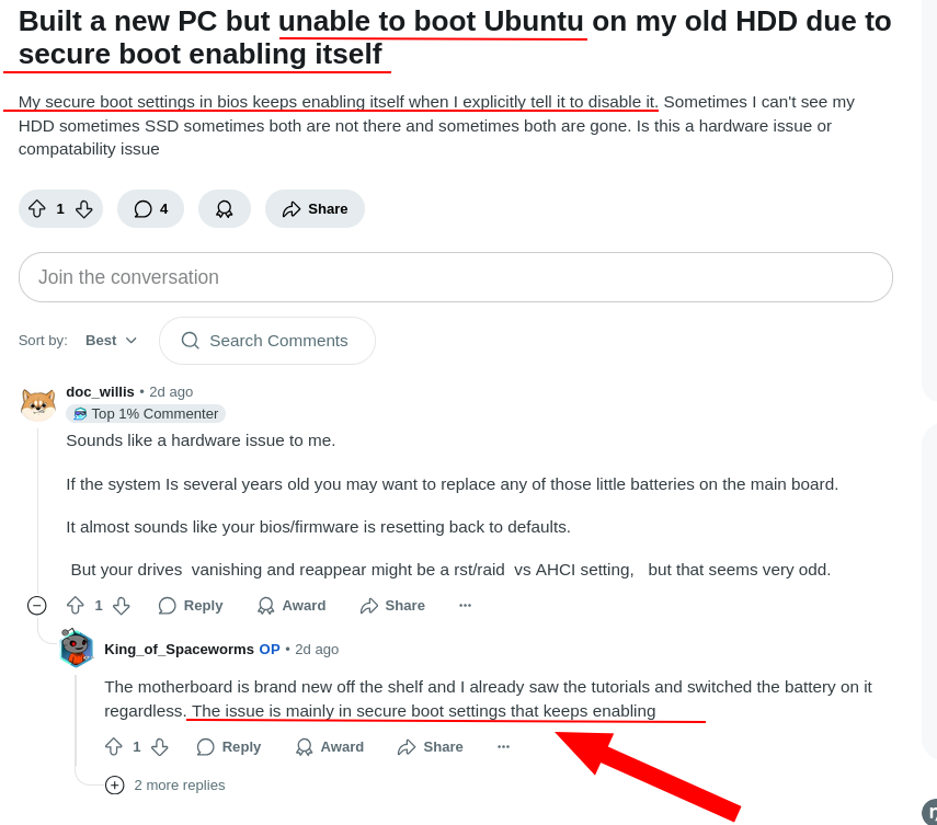 Built a new PC but unable to boot Ubuntu on my old HDD due to secure boot enabling itself