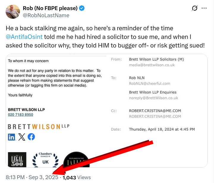 An email screenshot from Brett Wilson LLP Solicitors. The email is addressed to Robert Christina: ... told me he had hired a solicitor to sue me, and when I asked the solicitor why, they told HIM to bugger off- or risk getting sued!