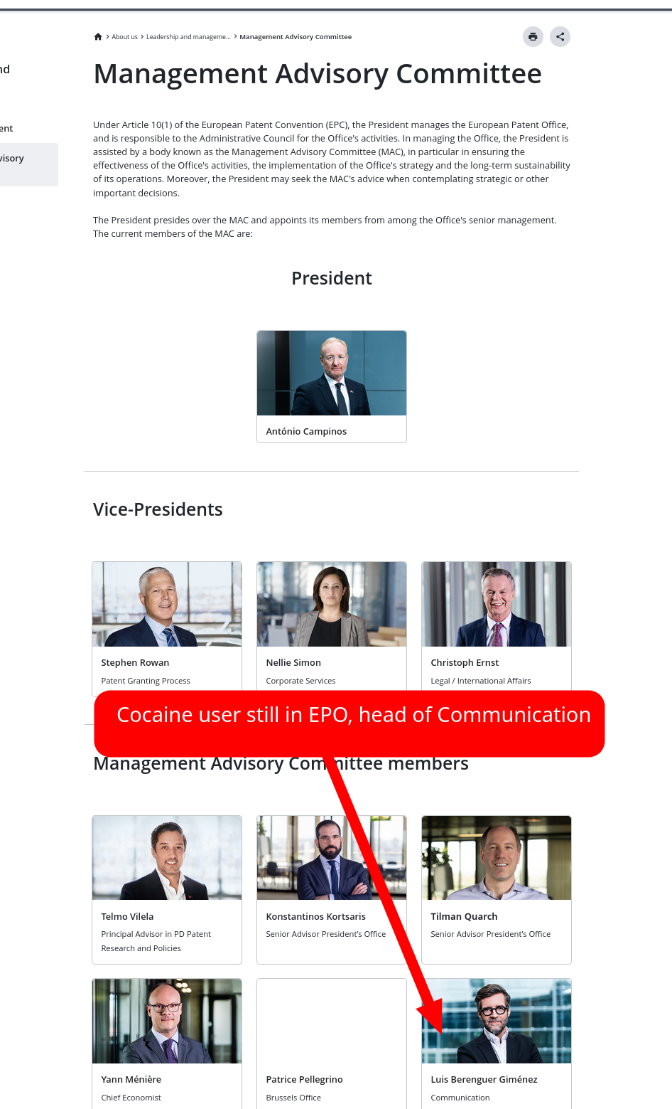 Cocaine user still in EPO, head of Communication