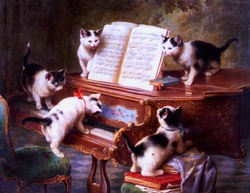 A beautiful oil painting of several kittens playing on an old piano