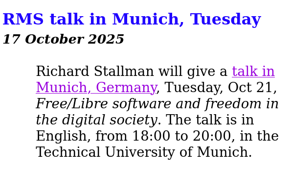 Richard Stallman will give a talk in Munich, Germany
