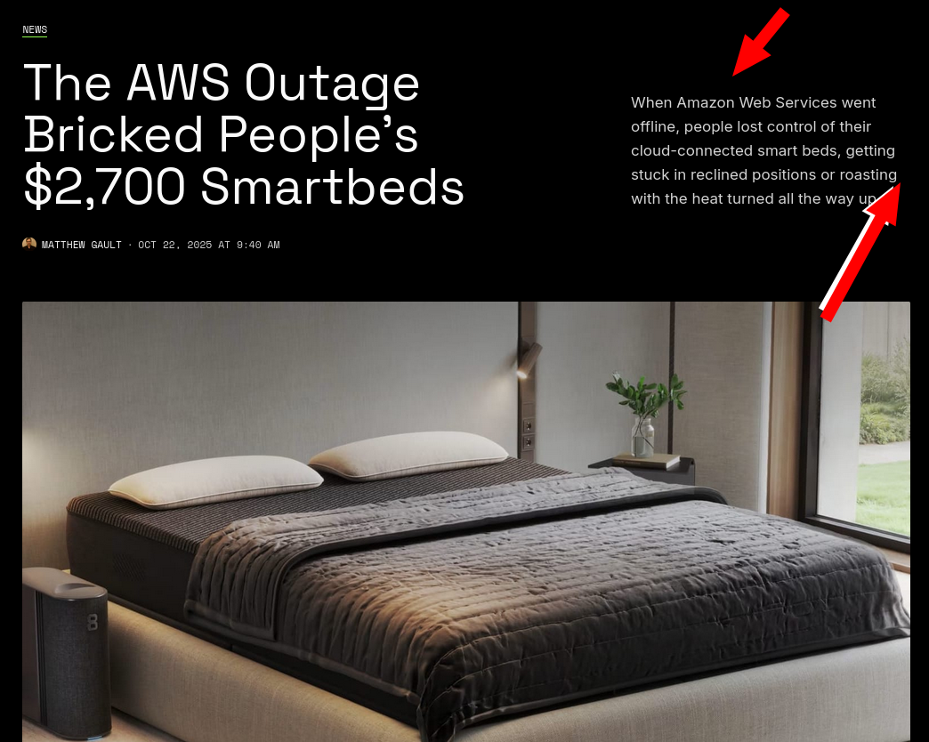 When Amazon Web Services went offline, people lost control of their cloud-connected smart beds, getting stuck in reclined positions or roasting with the heat turned all the way up.