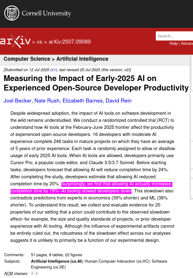 Measuring the Impact of Early-2025 AI on Experienced Open-Source Developer Productivity