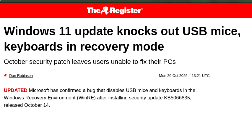Windows 11 update knocks out USB mice, keyboards in recovery mode