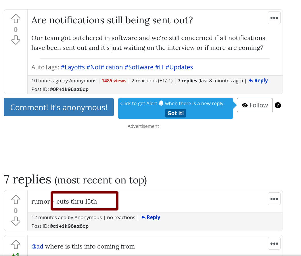 rumor - cuts thru 15th