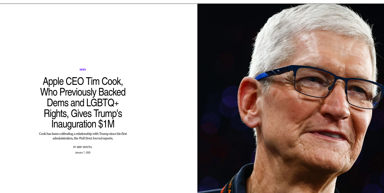 Apple CEO Tim Cook, Who Previously Backed Dems and LGBTQ+ Rights, Gives Trump's Inauguration $1M